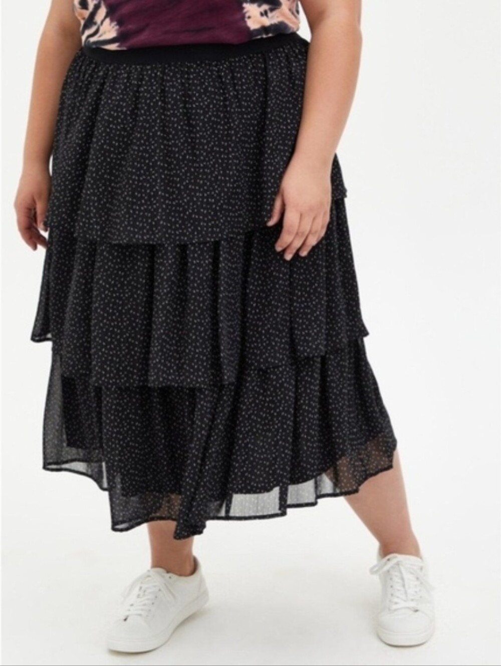 Torrid Black Tiered Midi Skirt with Subtle Dot Print, Size 1X